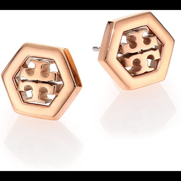 NWT TORY BURCH ROSE GOLD HEX LOGO STUD EARRINGS! - Picture 2 of 5